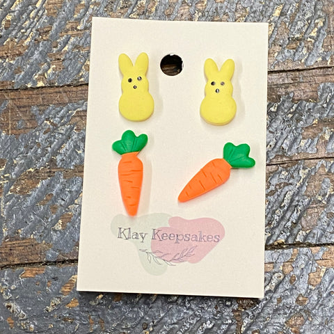 Clay 2 Pair Easter Bunny Peeps Carrots Post Earring Set