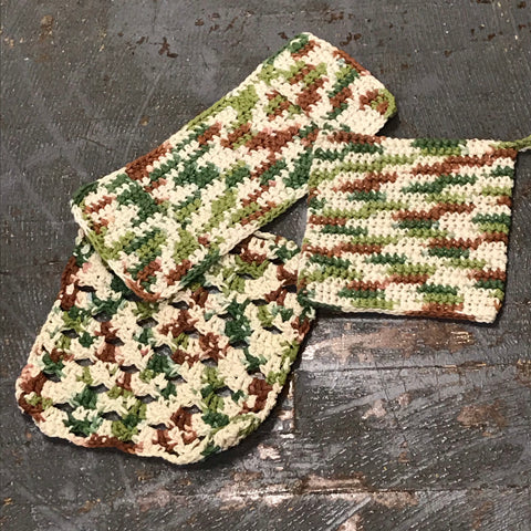 Crocheted Kitchen Cleaning Set Dishcloth Rag Swiffer Pad Mop Cloth Pot Holder Combo Green Brown Tan