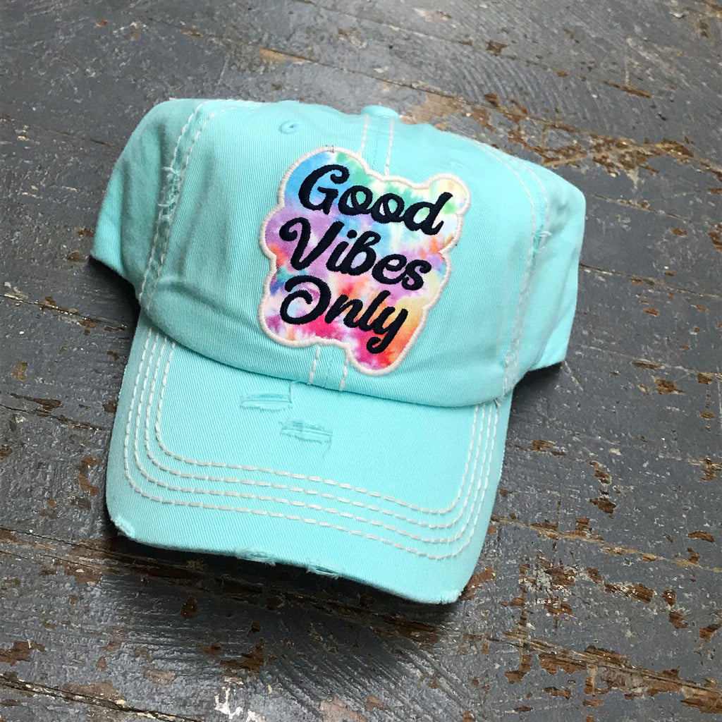 Good Vibes Only Tie Dye Patch Rugged Aqua Teal Embroidered Ball Cap