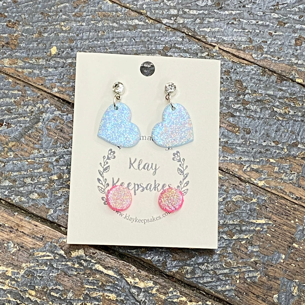 Clay 2 Pair Glitter Blue Heart Pink Circle Post Earring Set