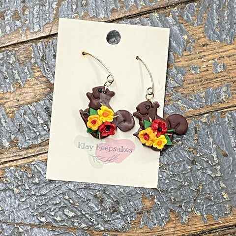 Clay Squirrel Flower Teardrop Dangle Earring Set
