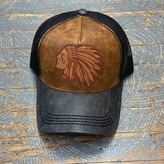 Indian Head Leather Patch Tan Leather Trucker Ball Cap
