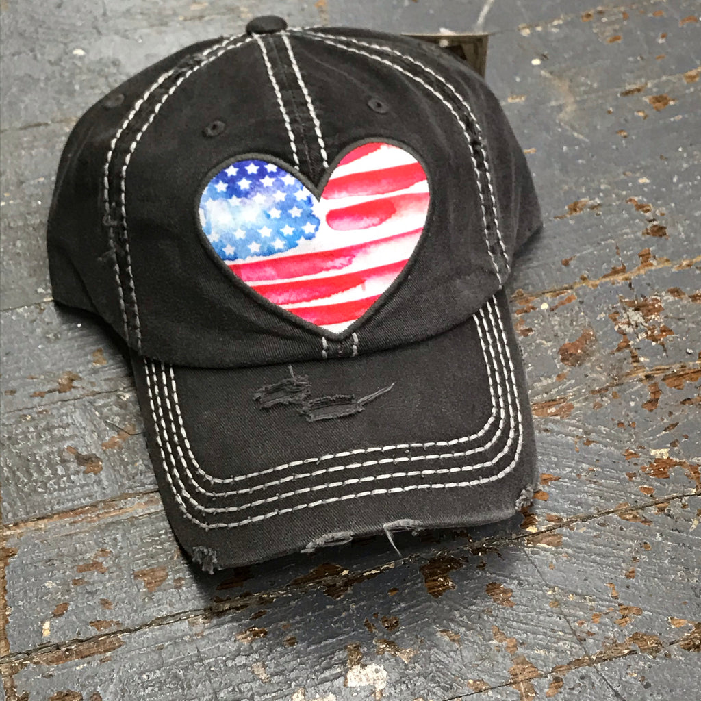American Flag Heart Patch Rugged Black Embroidered Ball Cap