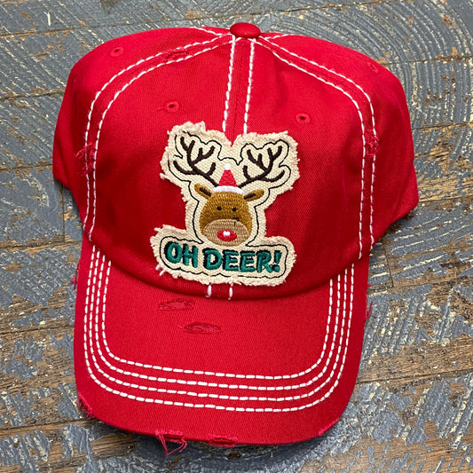 Oh Deer Reindeer Patch Rugged Red Embroidered Ball Cap
