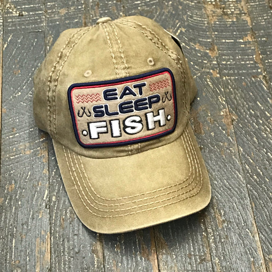 Eat Sleep Fish Patch Khaki Brown Embroidered Ball Cap