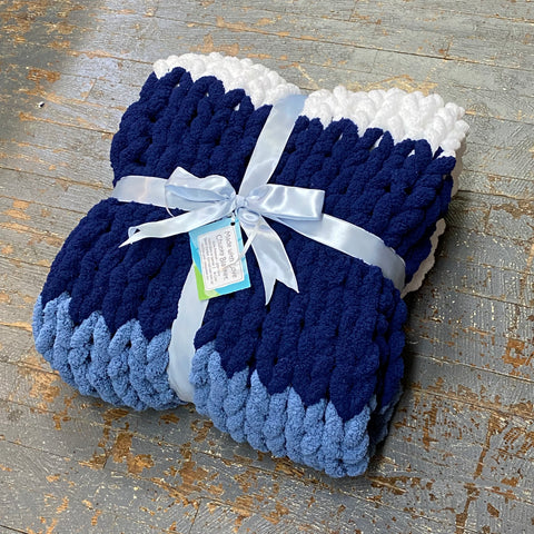 Nautical Blue White Handmade Chunky Knit Blanket Throw