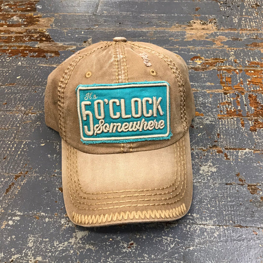 It’s 5 O’clock Somewhere Hat Tan Embroidered Patch Ball Cap