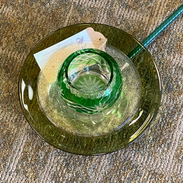 Depression Glass Garden Flower Small Green Gold Cut Crystal Vase