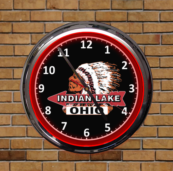 15" Round Indian Head Indian Lake Ohio Neon Light Clock